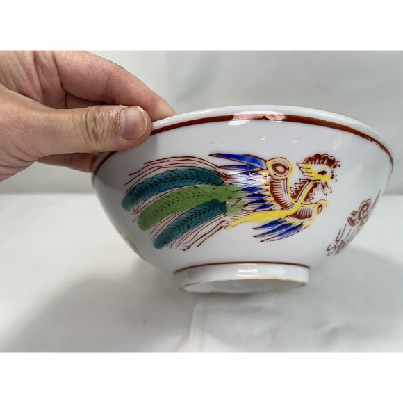 VINTAGE Japan‎ Hand Painted Porcelain PHOENIX IRON RED DRAGON & BATS Bowl - Picture 3 of 7